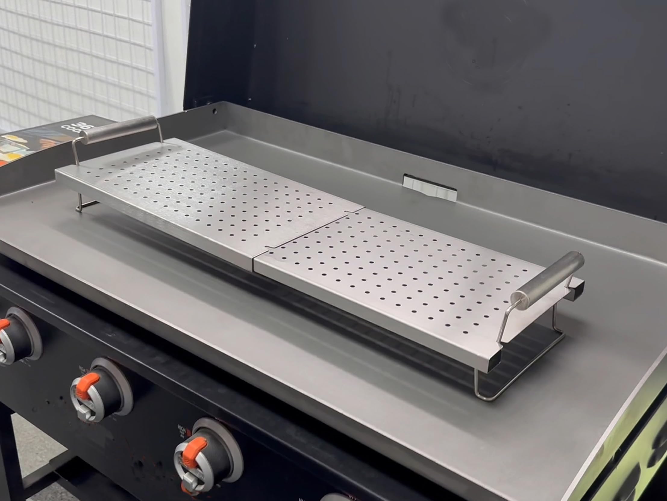 BBQ Future warming rack in a camping griddle setup for outdoor entertaining