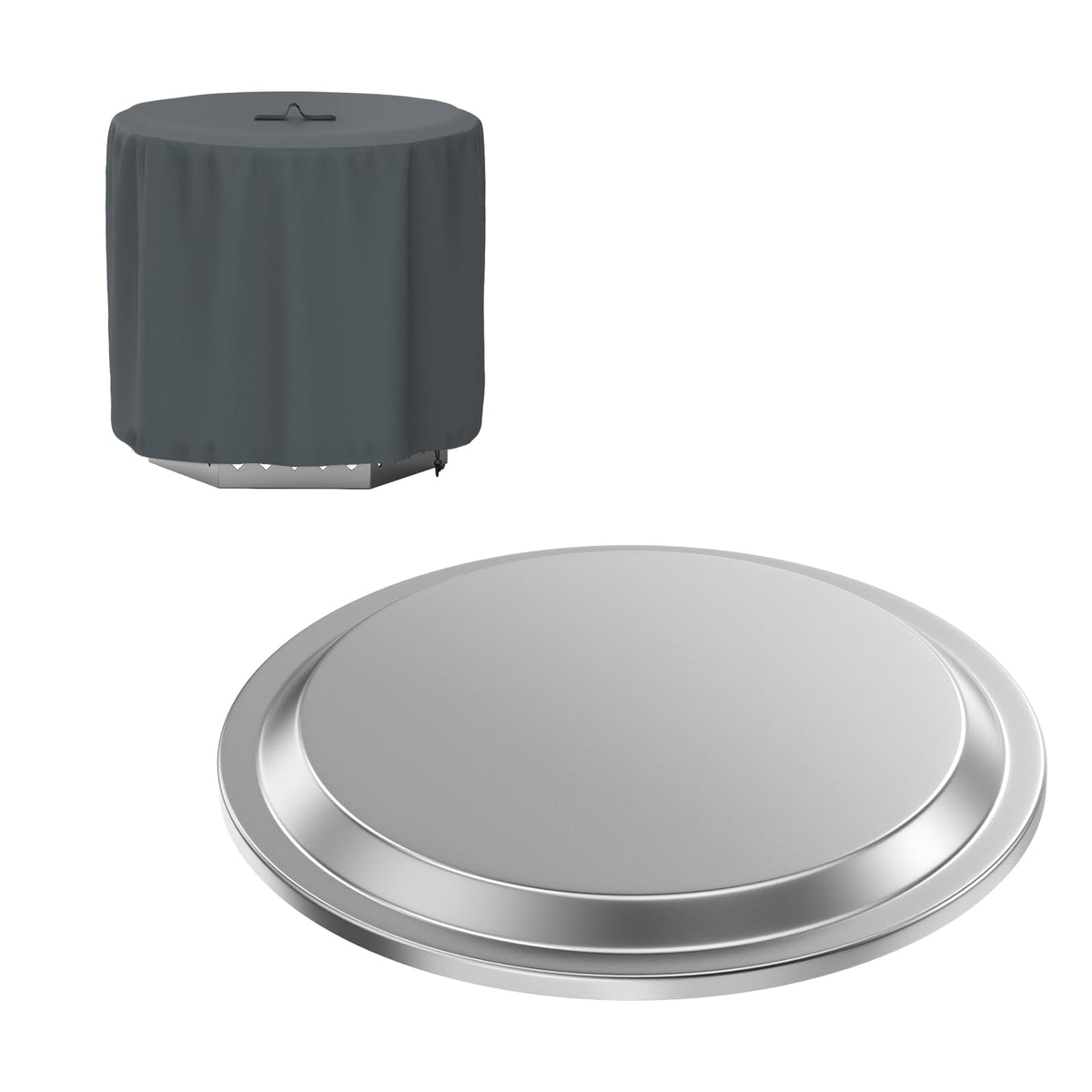 BBQ-PLUS front view stainless steel lid protecting Bonfire, keeps pit clean
