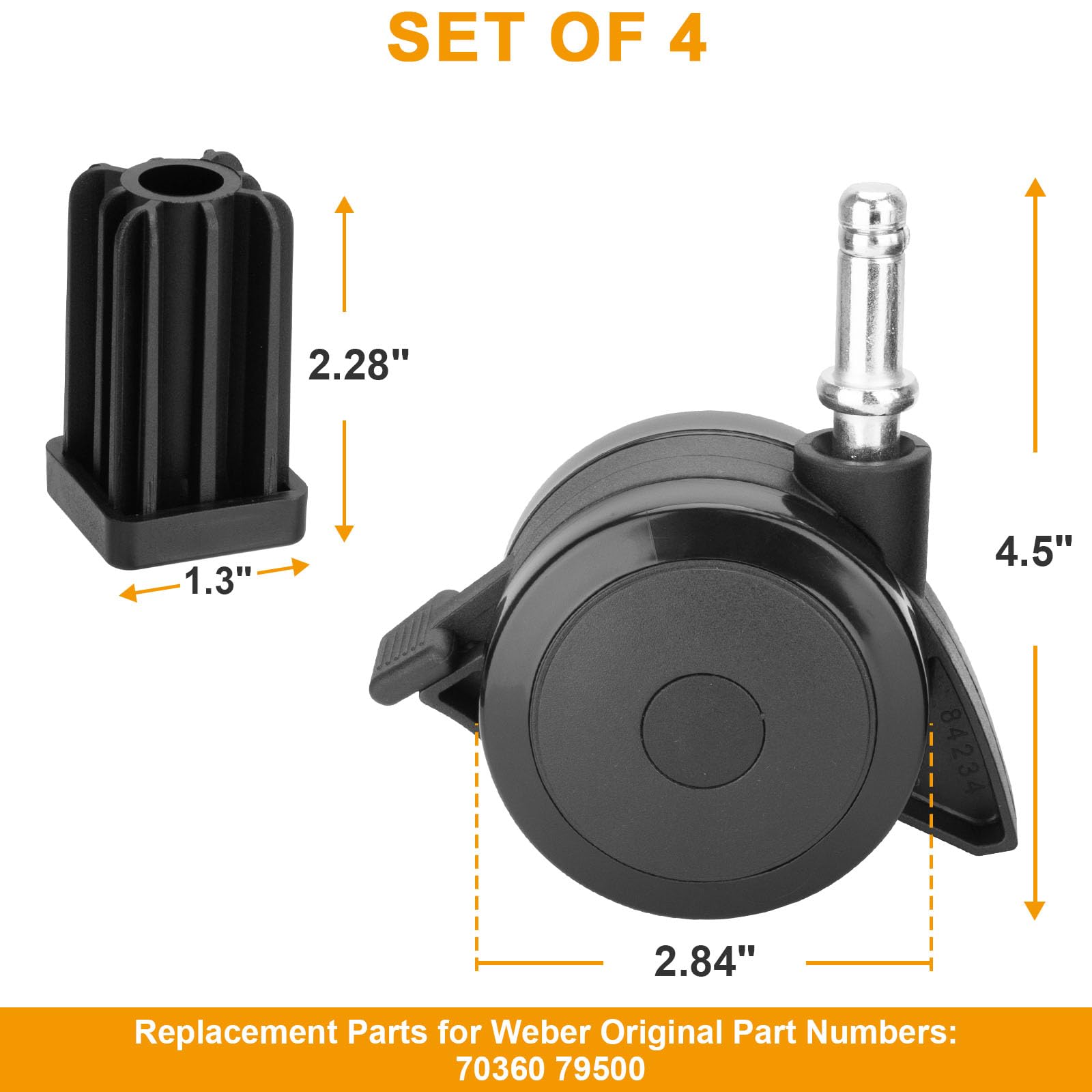 BBQ-PLUS caster insert detail with dimensions for accurate fit verification benefit