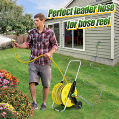 Beeplove leader hose connected to a hose reel in use for easy reel hookup benefit