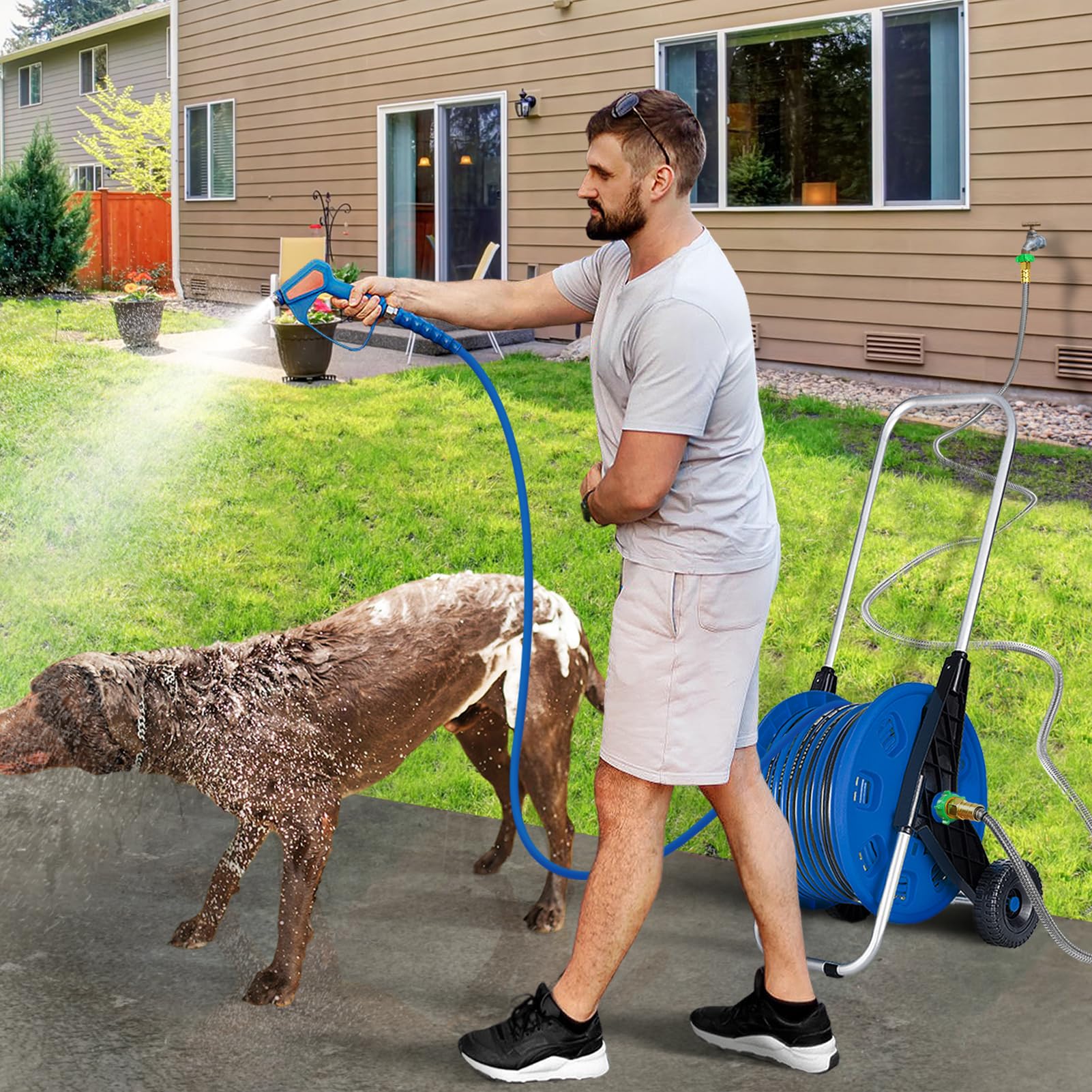 Beeplove leader hose in a garden setting for versatile outdoor cleaning and watering benefit