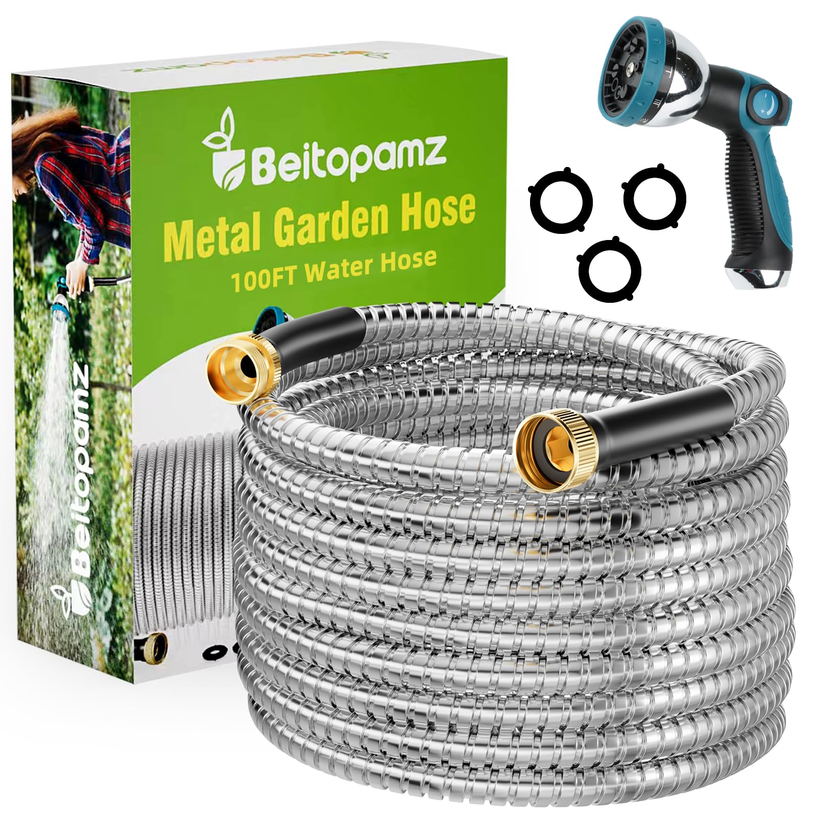 beitopamz front packaging showing stainless hose and included nozzle for durable performance