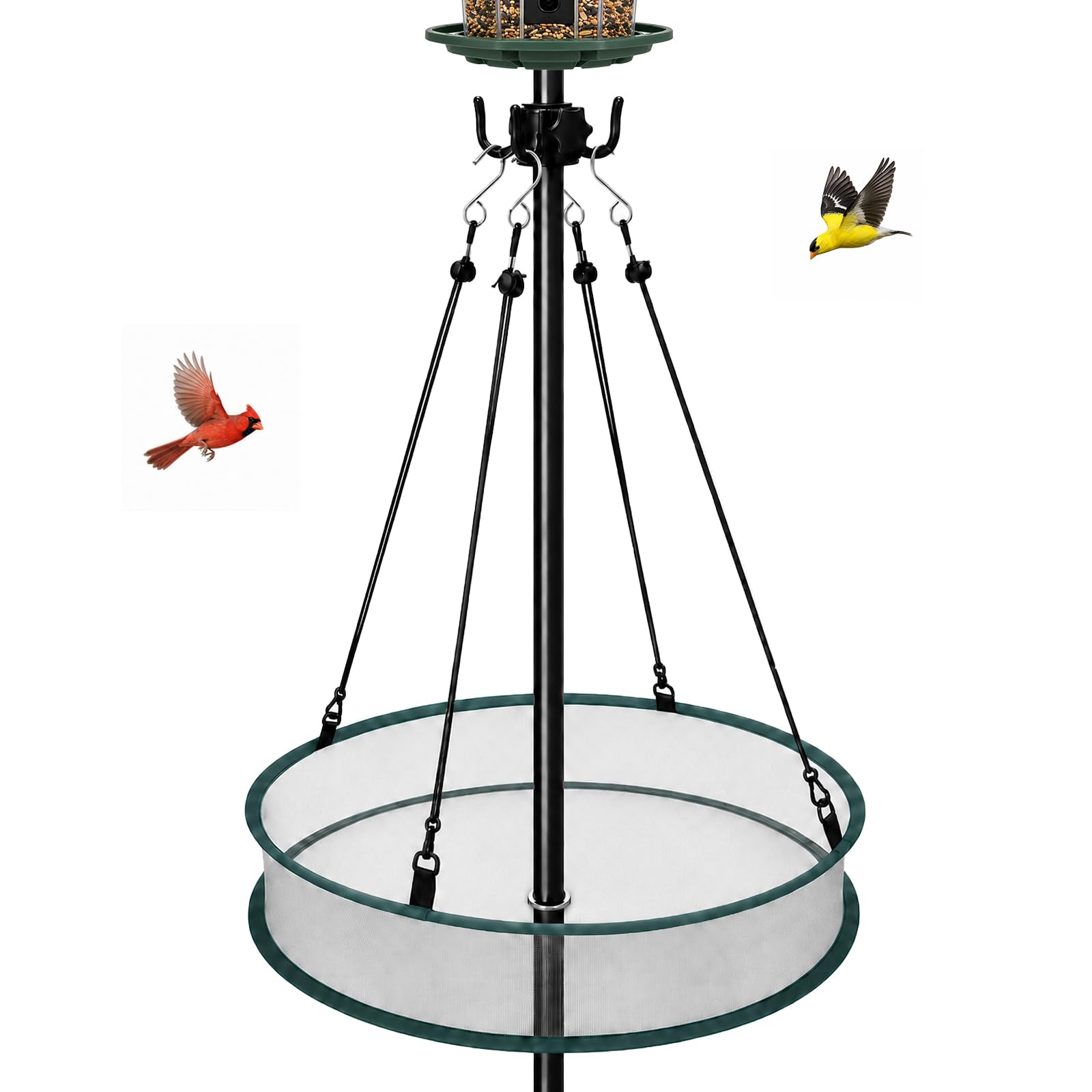 Berrihop front view tray on pole showing neat seed containment benefit