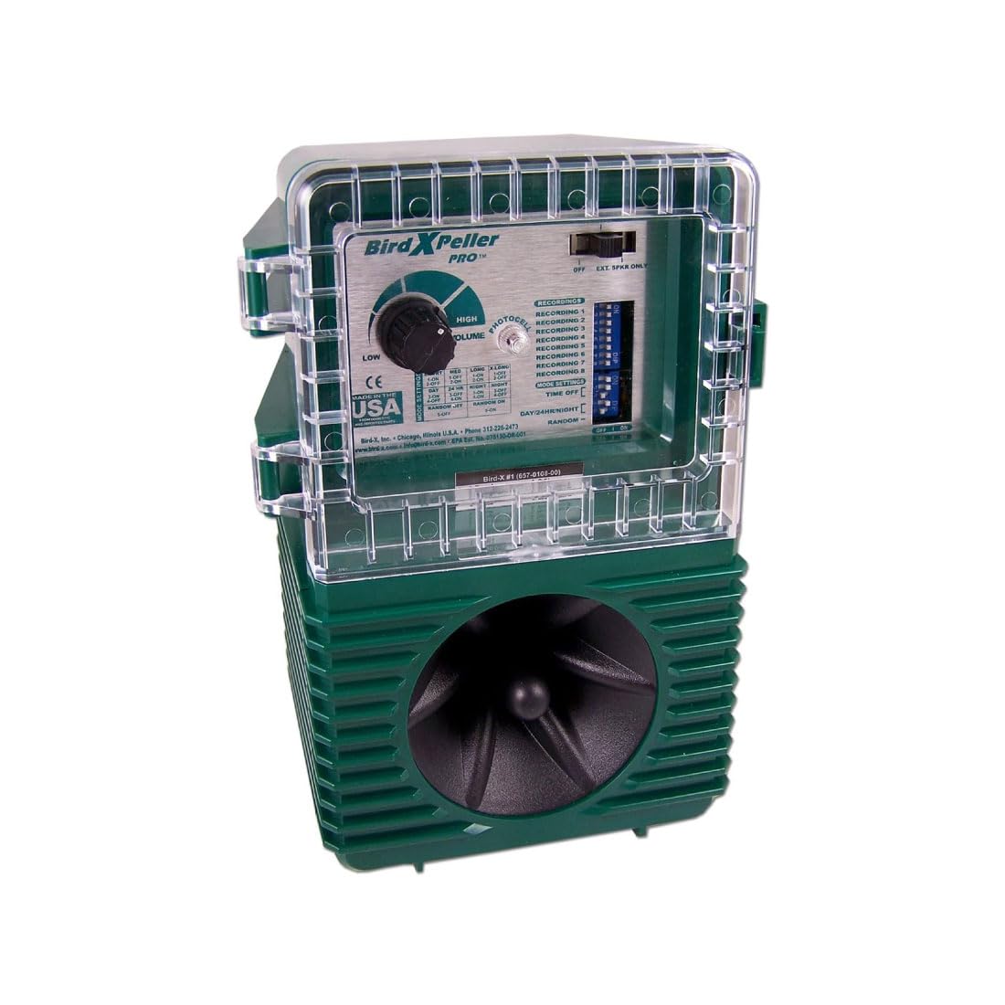 Bird-X front view of BirdXPeller Pro showing unit and branding protecting space