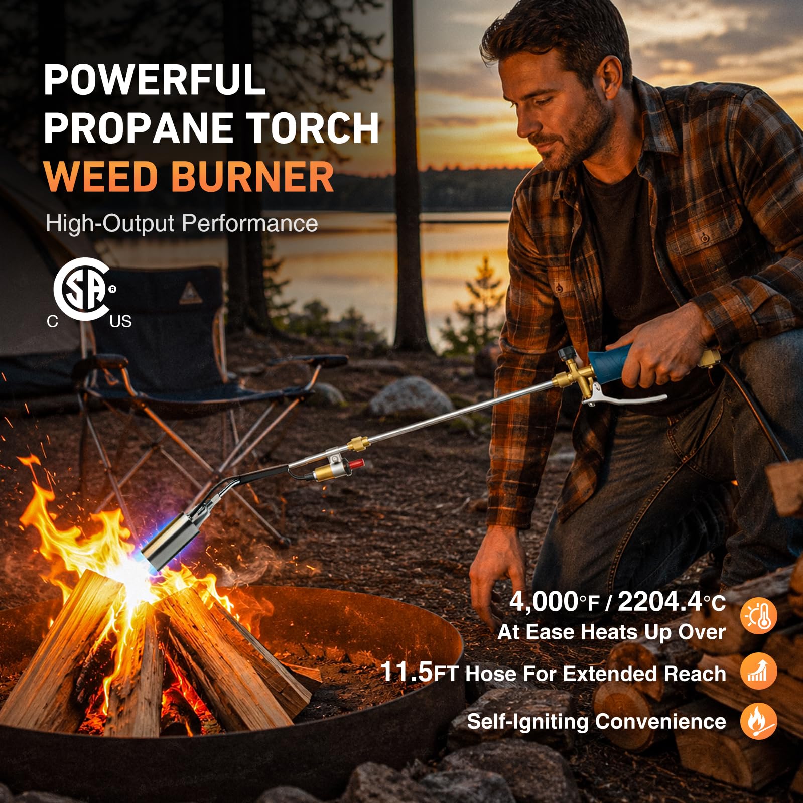 Birfedlot torch in use removing weeds, long reach reduces bending