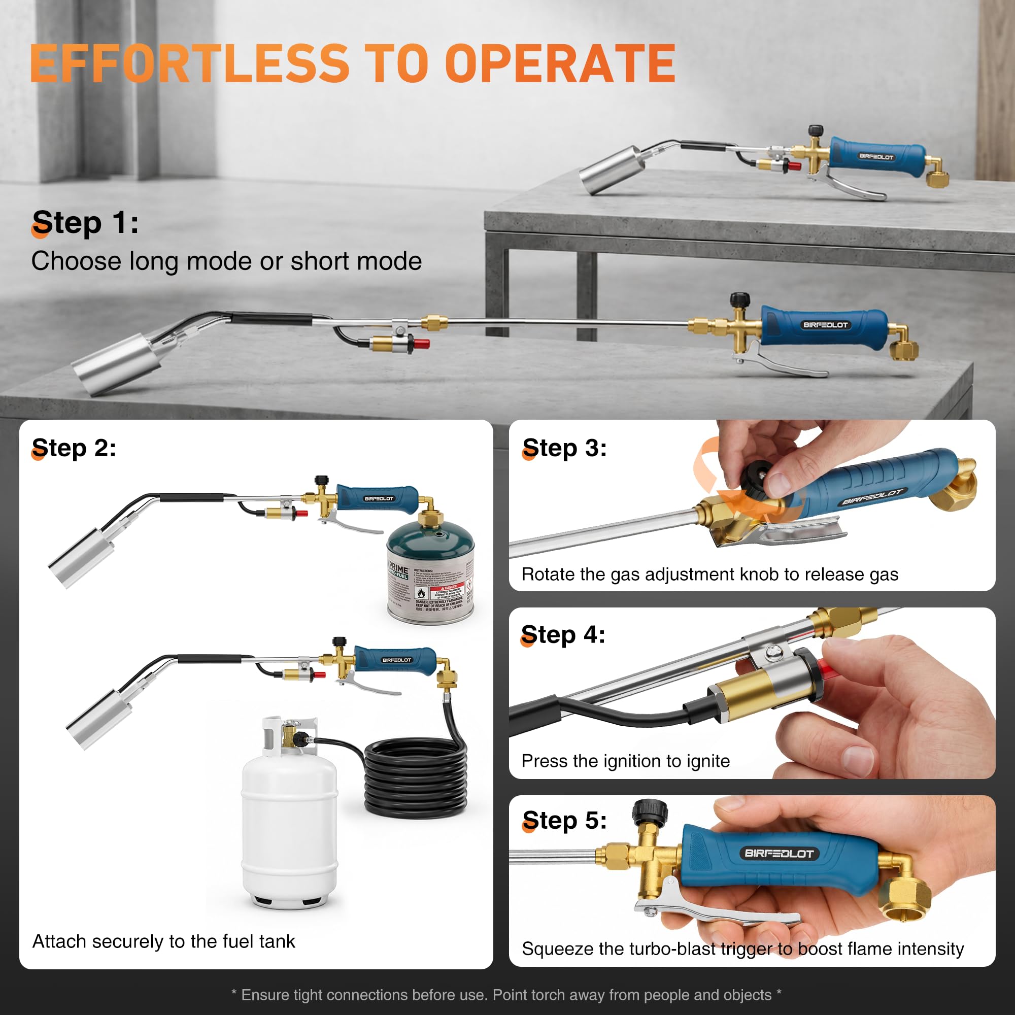Birfedlot torch beside propane cylinder showing size and safe distance