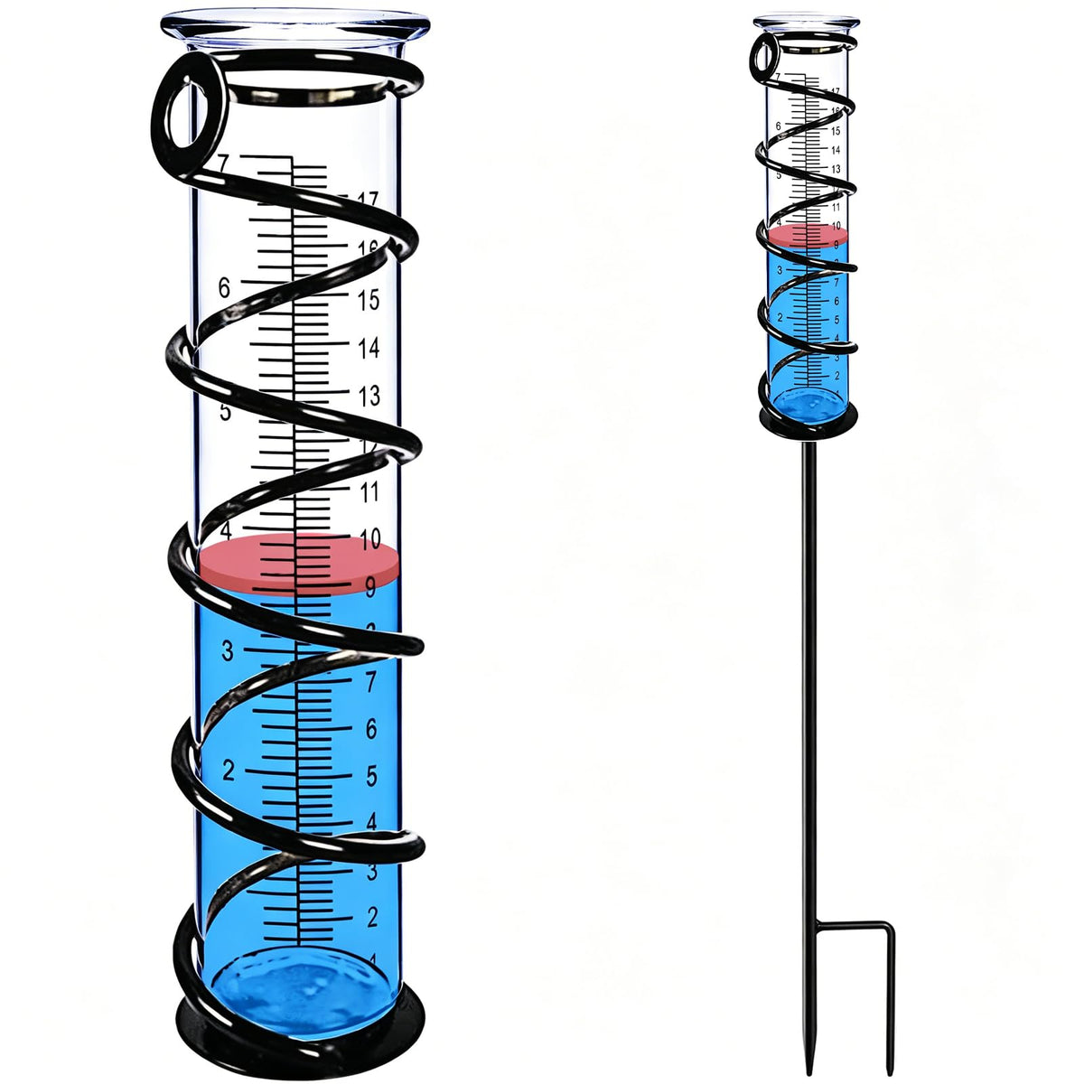 BIUWING front view of rain gauge showing decorative metal frame and clear tube benefit accurate readings