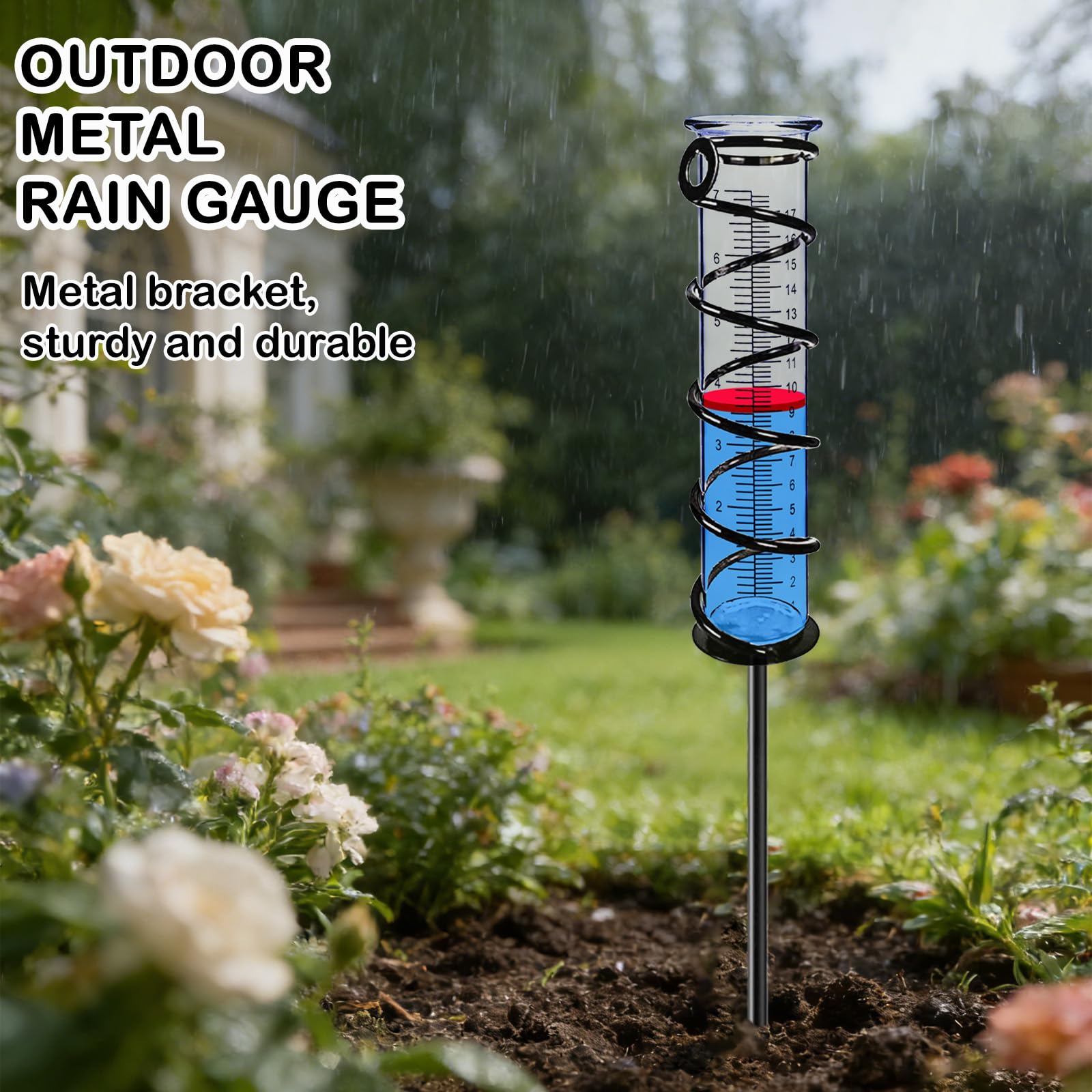 BIUWING rain gauge stake in soil showing stable in‑ground installation for reliable data