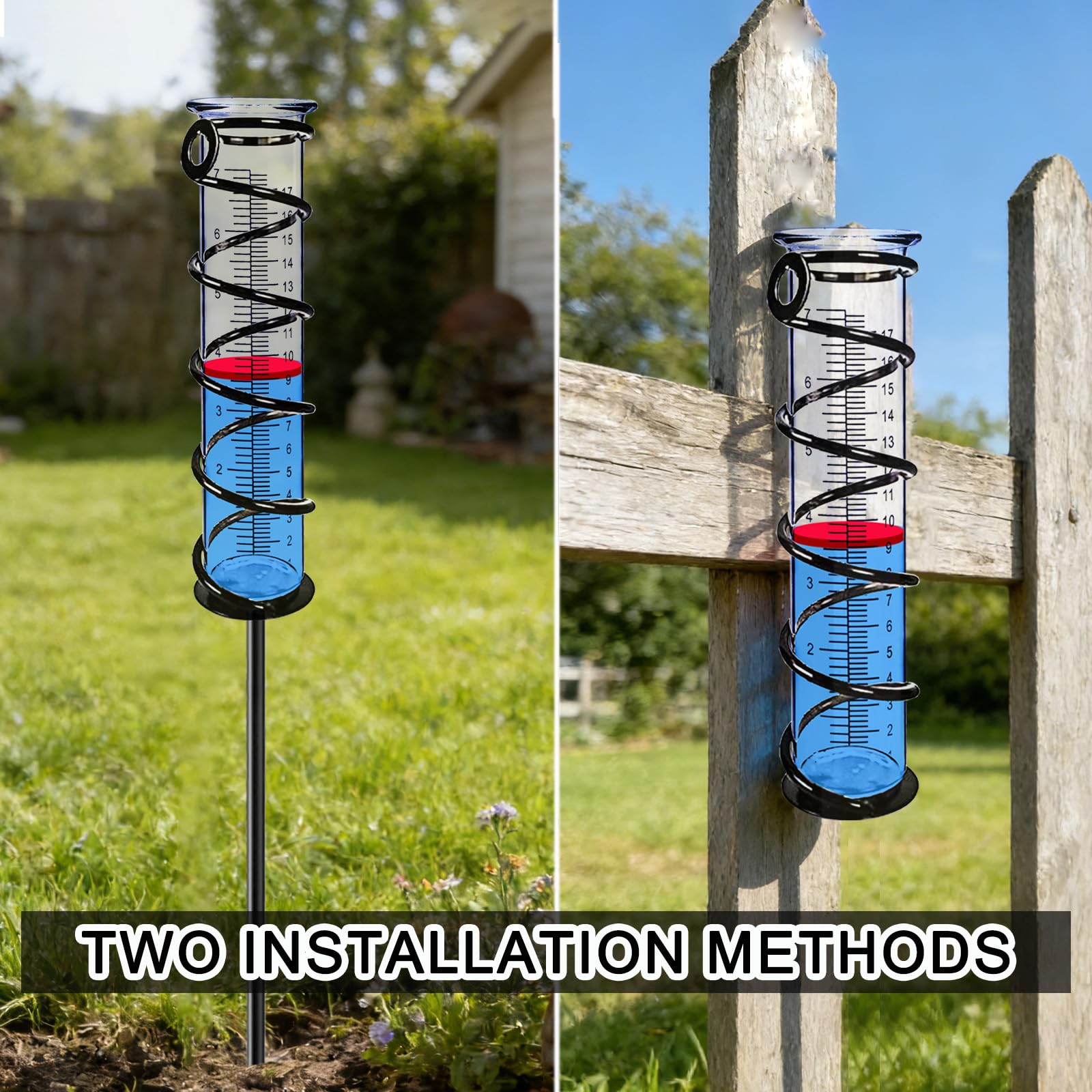BIUWING rain gauge mounted on a fence offering convenient placement and easy reading benefit