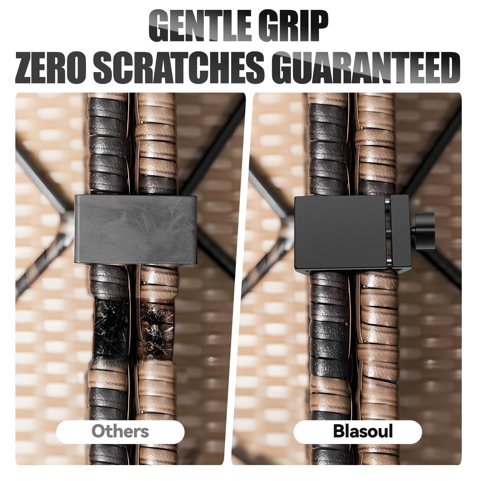 Blasoul clip installed on round tube showing snug, non-damaging grip