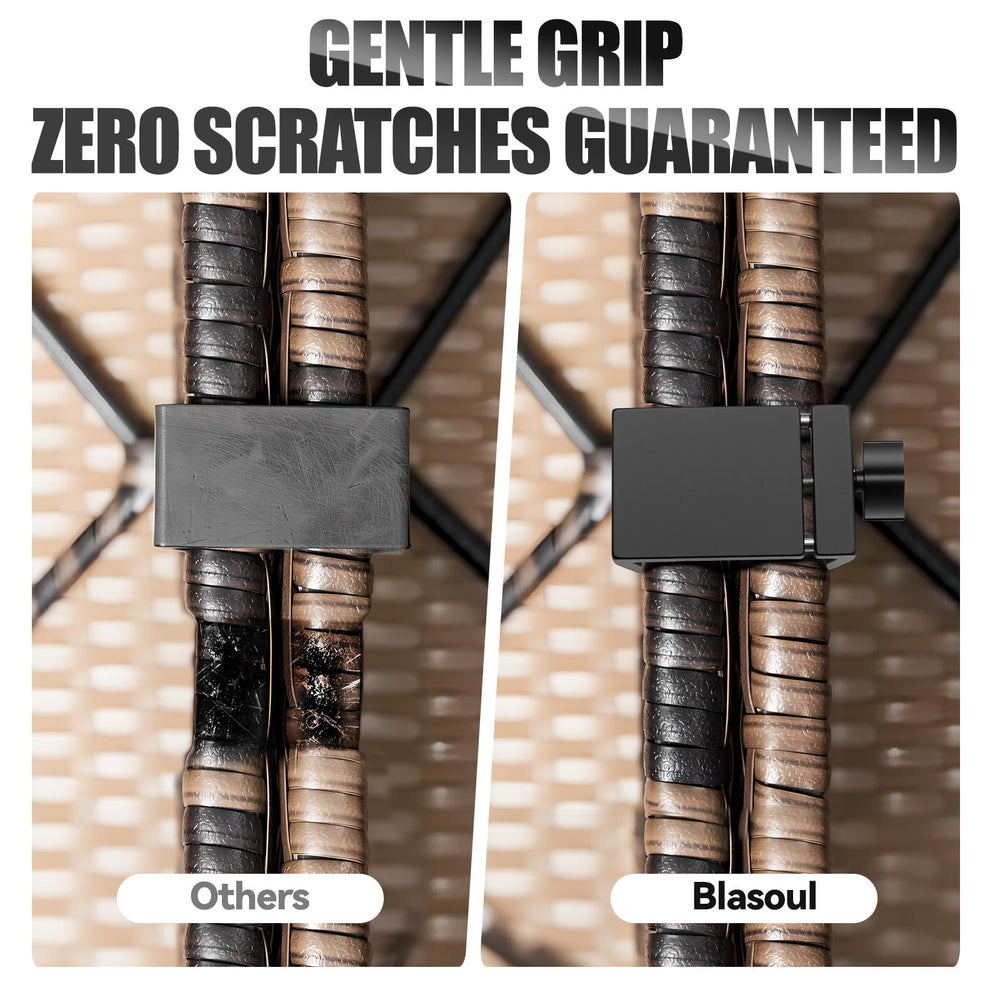 Blasoul clip installed on round tube showing snug, non-damaging grip