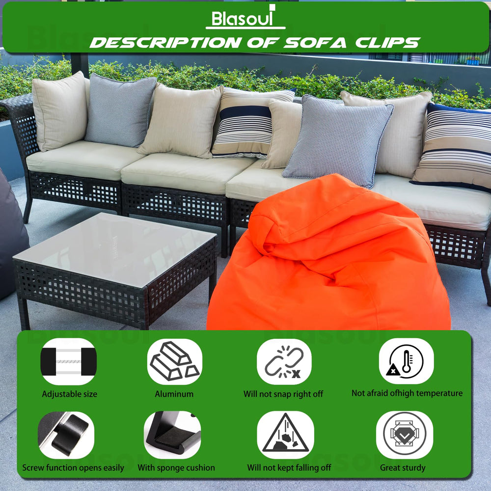 Blasoul lifestyle patio scene showing clips keeping outdoor furniture seamless