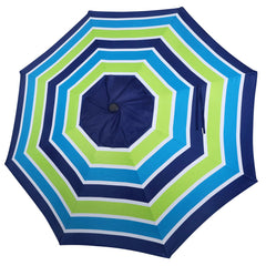 Blissun front view of blue and green striped canopy showing style and shade