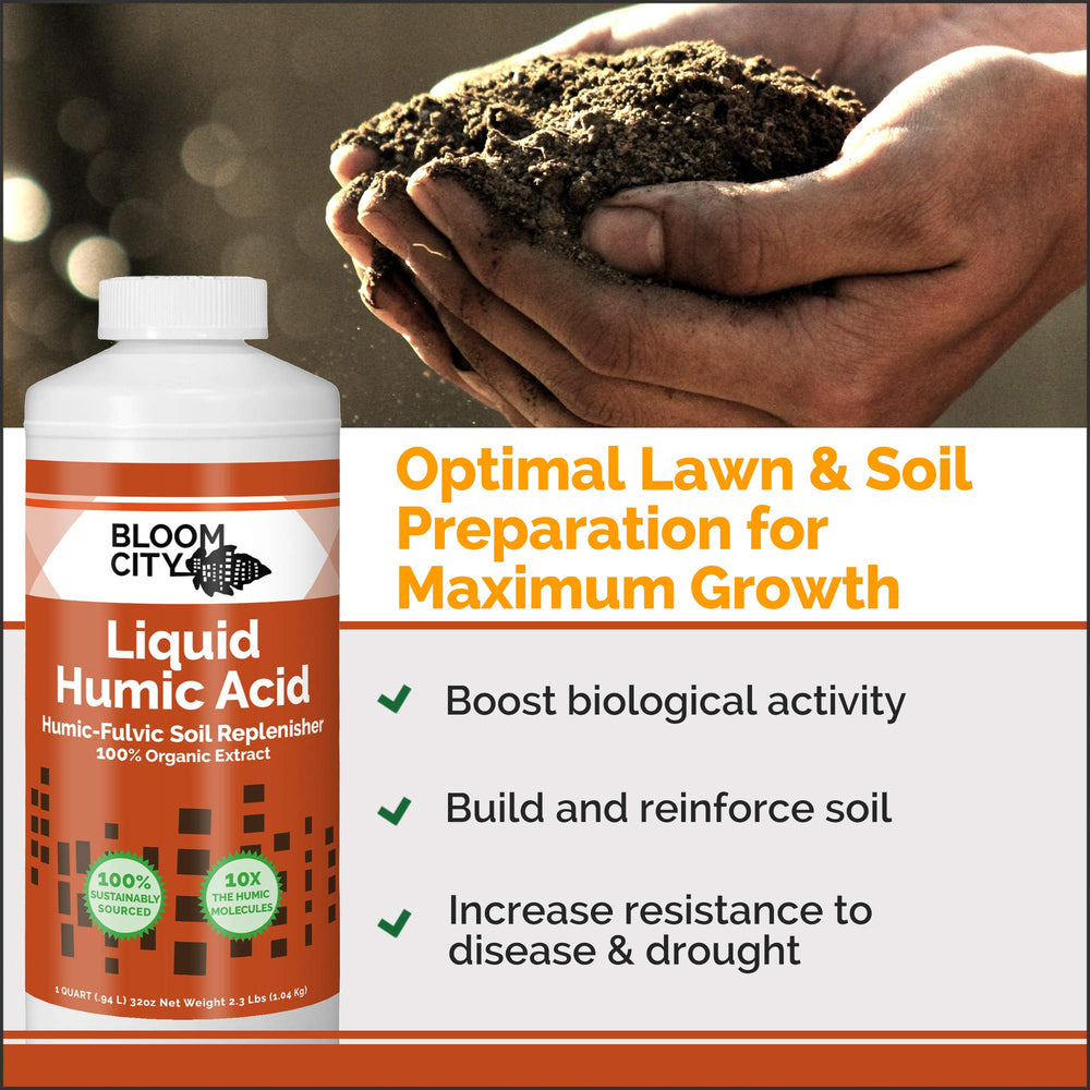 Bloom City humic acid liquid close-up showing texture and easy mixing