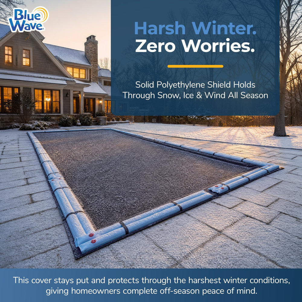 Blue Wave installed cover across pool, keeps out leaves and snow
