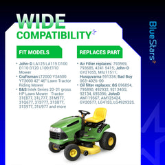 BlueStars oil filter side label showing model number and durable construction benefit