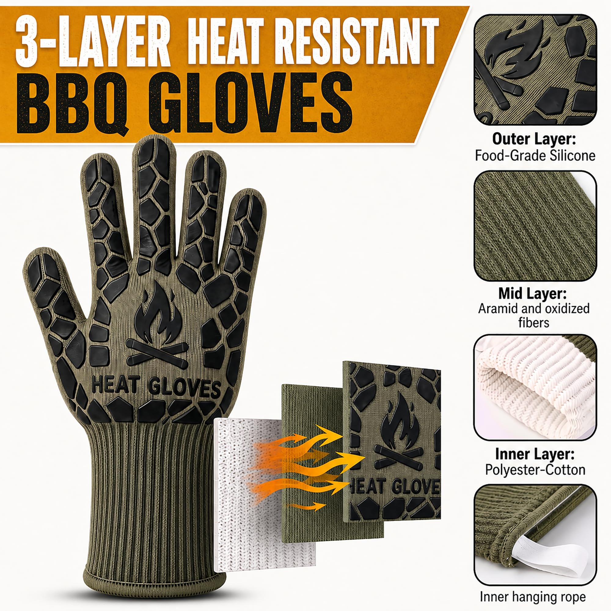 BLUESTEER gloves holding tongs at grill showing secure handling