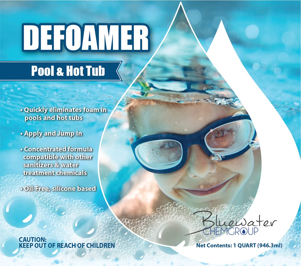 Bluewater Chemgroup defoamer pool surface before and after treatment showing clear water benefit