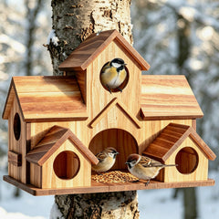 BlueYu front view of birdhouse showing five entrances and natural appeal