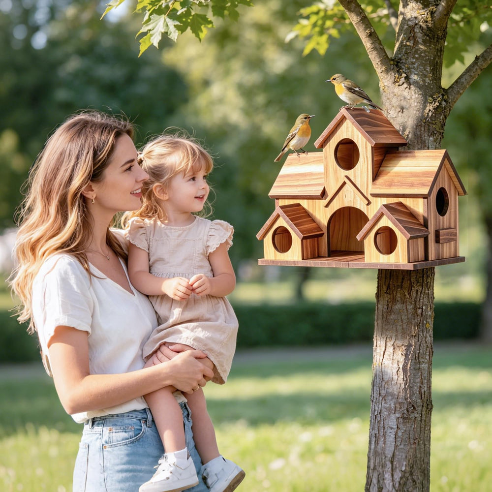 BlueYu birdhouse held in hand illustrating compact scale and portability
