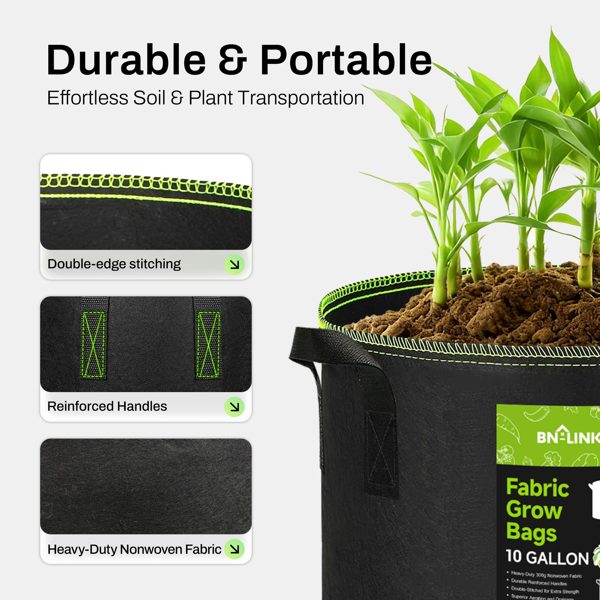 BN-LINK grow bags folded flat for compact storage and easy reuse