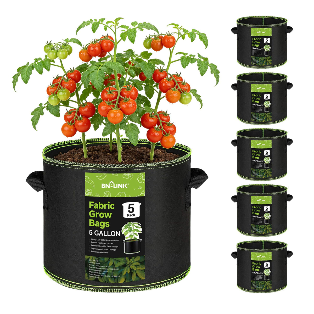 BN-LINK front view of five grow bags showing durability and pack value