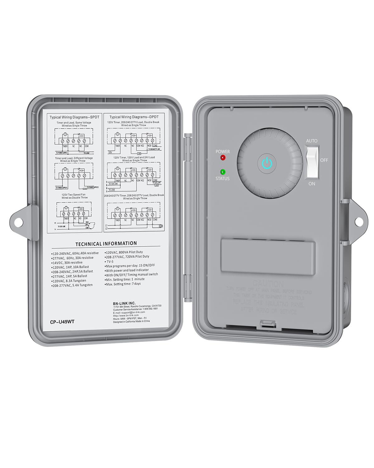 BN-LINK front view of timer box showing durable housing and indicators for reliable outdoor control