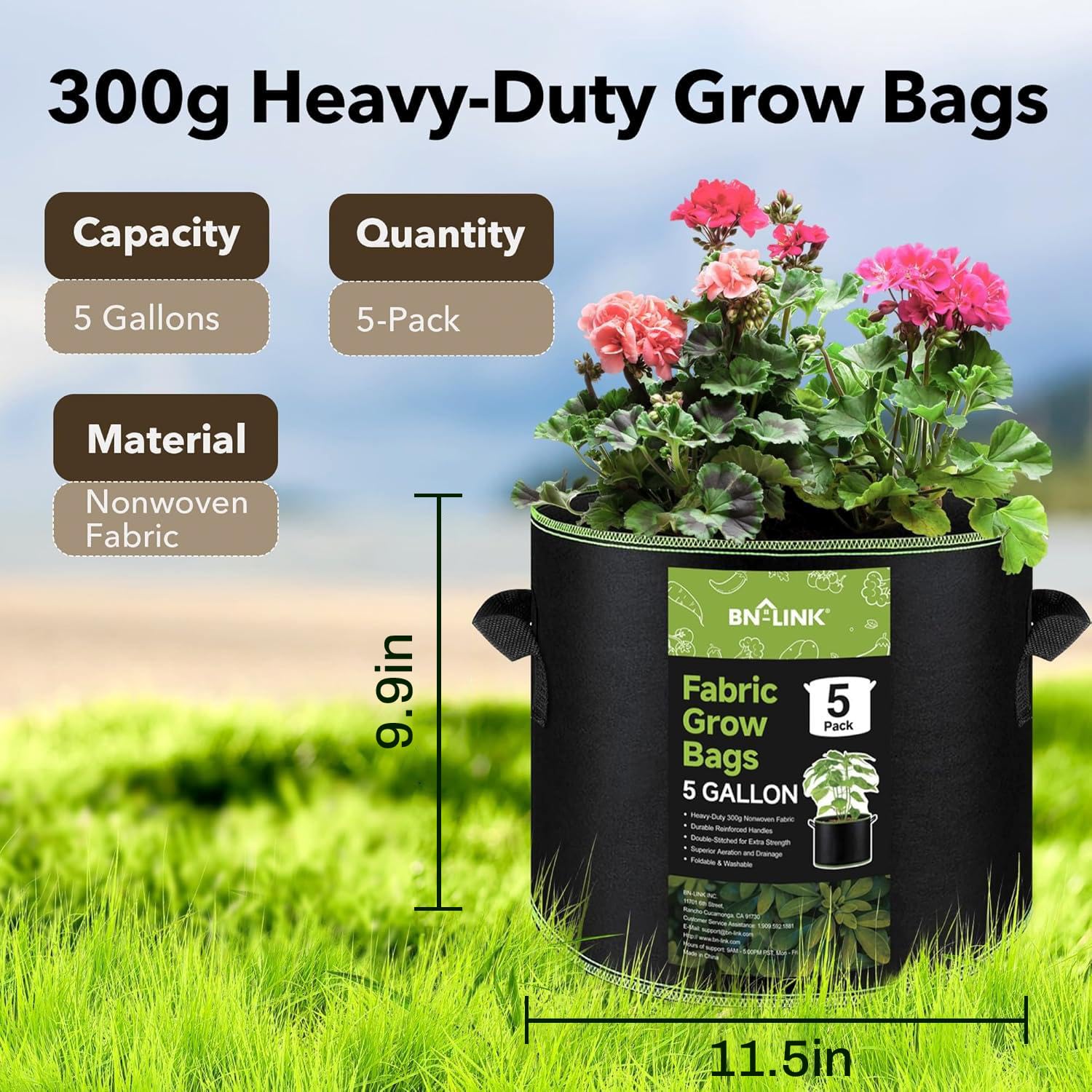 BN-LINK size comparison with a hand showing 5-gallon capacity
