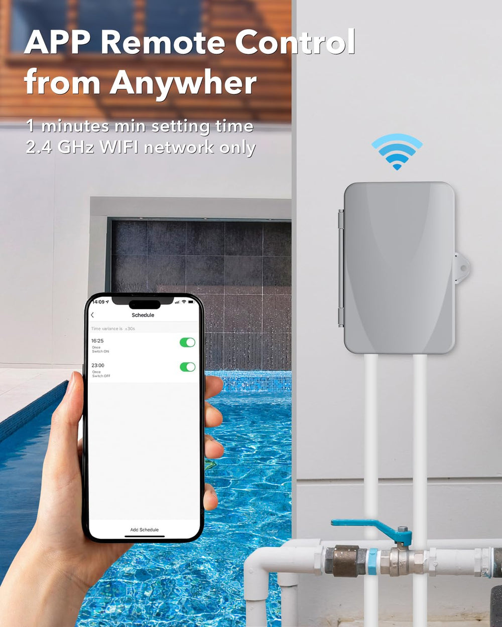 BN-LINK displayed with smartphone app showing remote scheduling benefit and intuitive control