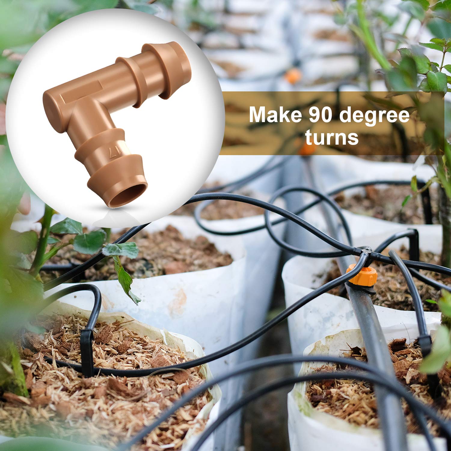 Boao elbow used in container garden illustrating tidy 90° irrigation routing