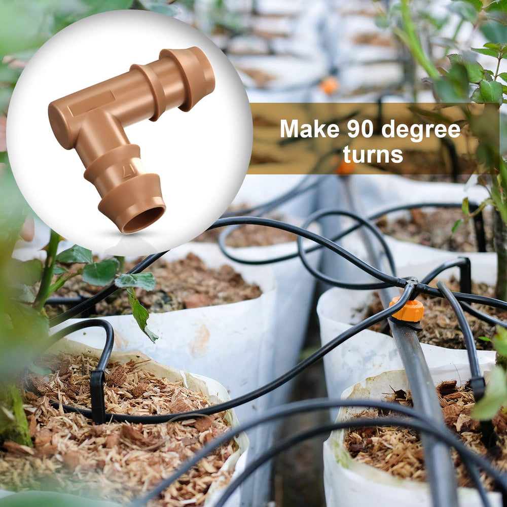 Boao elbow used in container garden illustrating tidy 90° irrigation routing