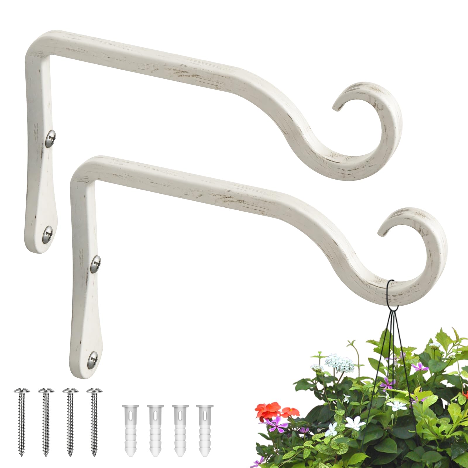 BOLITE front view of two white hanging plant brackets showing vintage style and durability