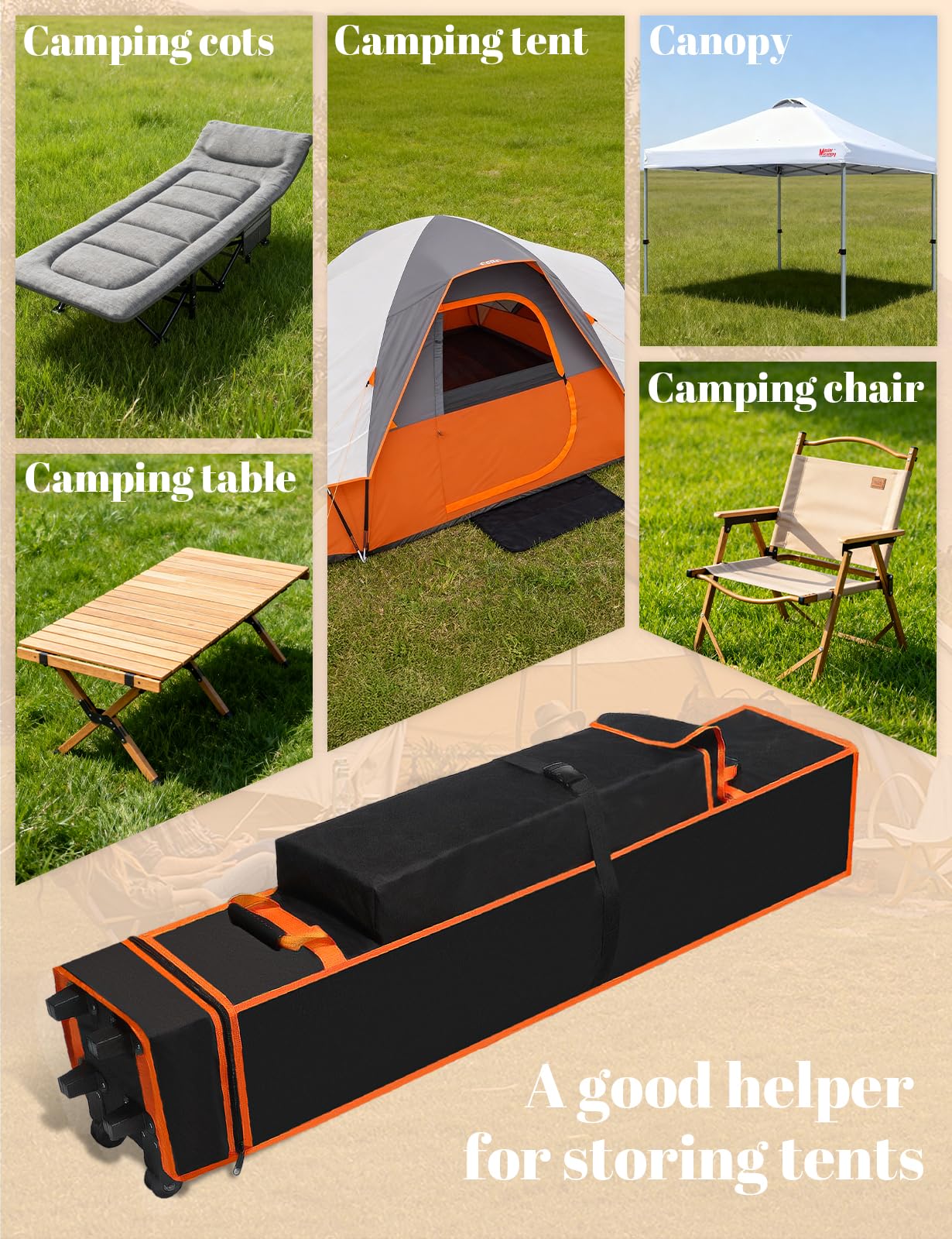 bomis tent bag on grass beside event gear to illustrate easy transport and protection