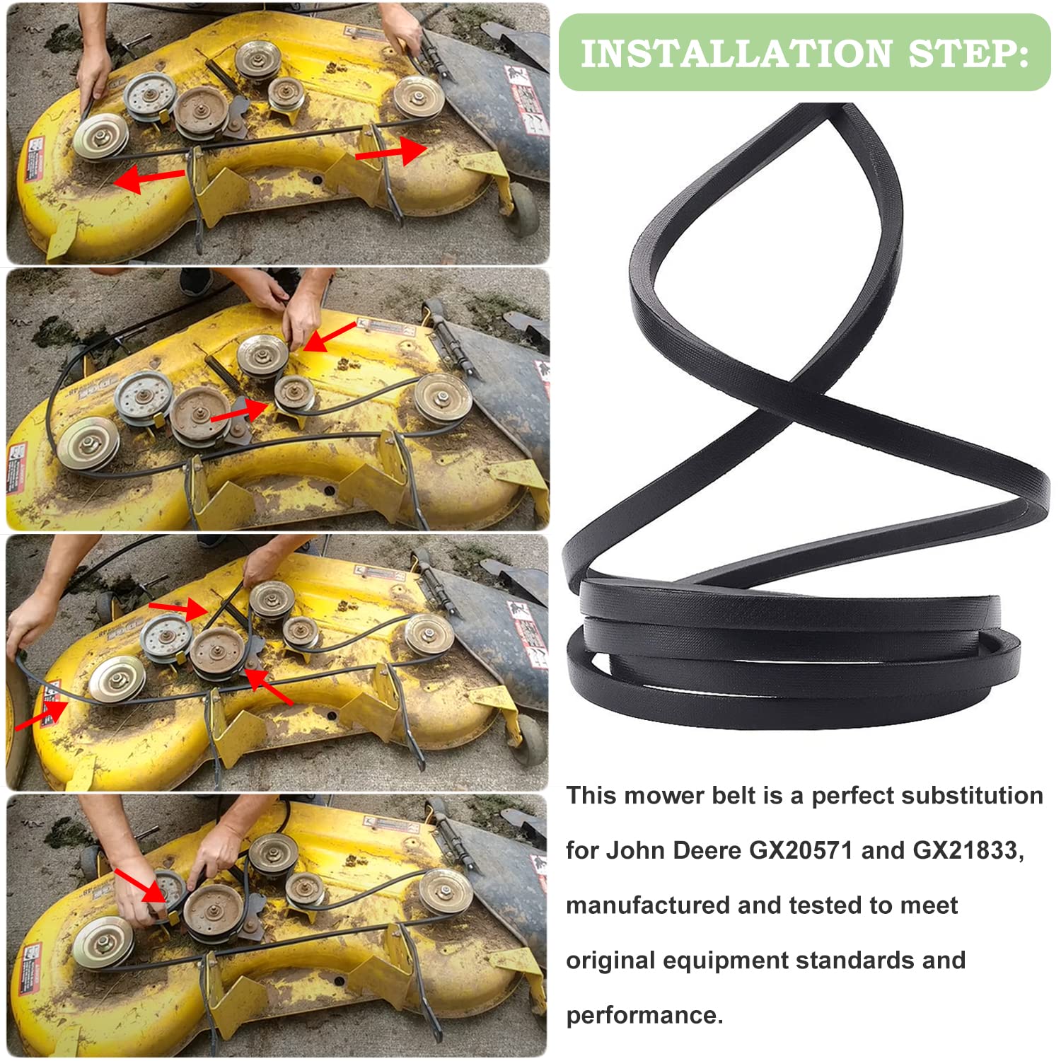 Bonbo belt installed on John Deere 48" deck demonstrating correct fit and performance