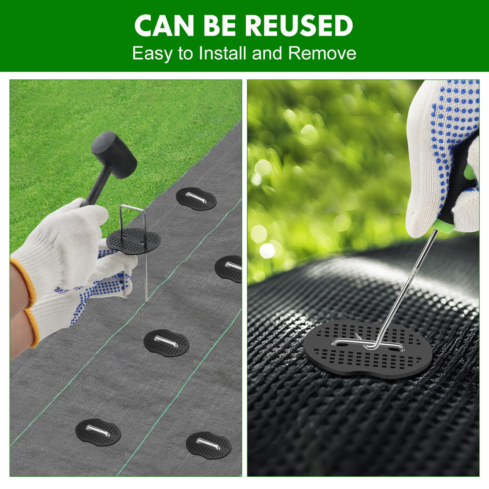 Boochcom stakes driven into turf anchoring fabric and preventing lift