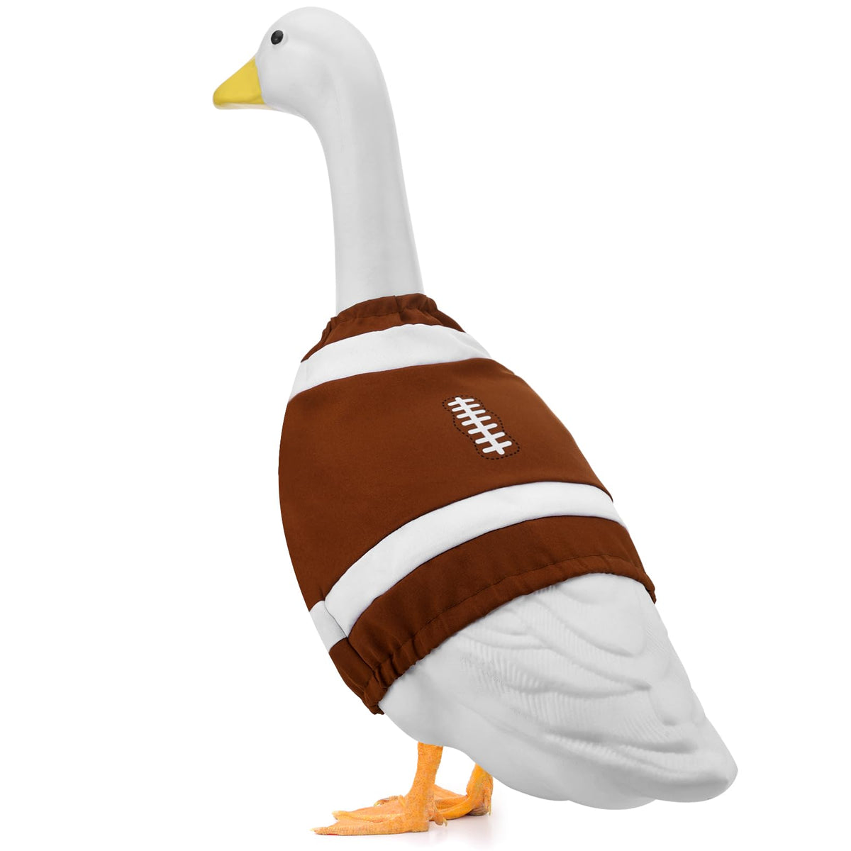 Booson front view of goose outfit showing football design and curb appeal