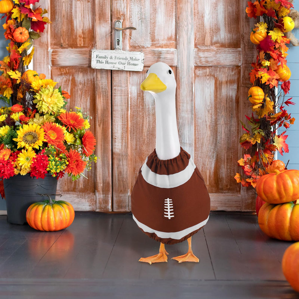 Booson dressed goose among garden plants creating lively outdoor décor