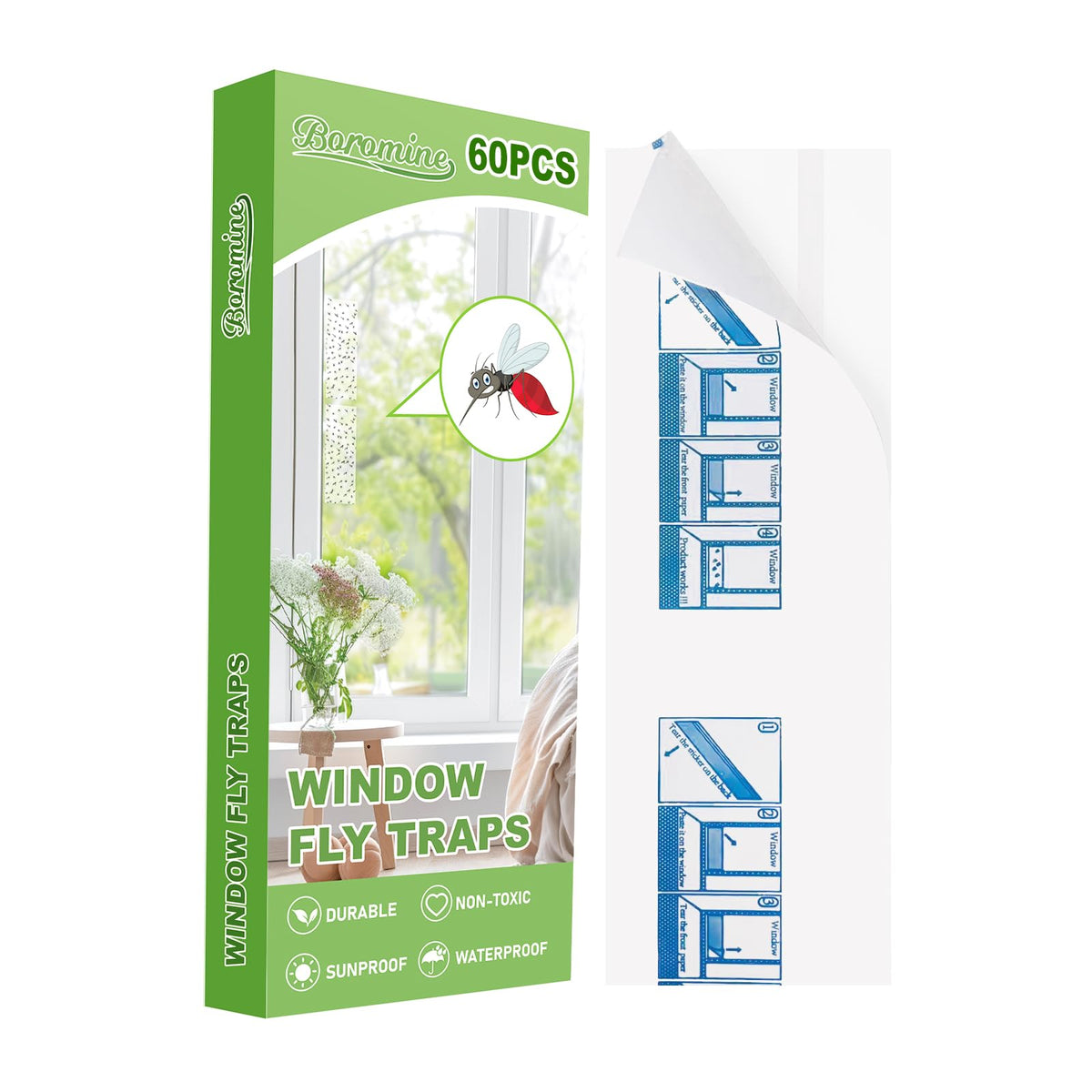 Boromine front packaging showing 60 clear window traps, convenient supply