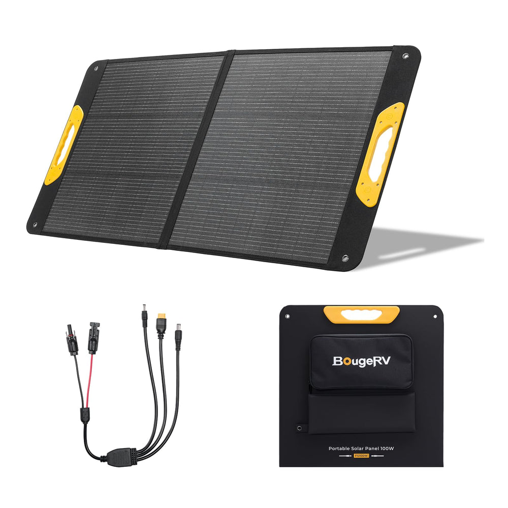 BougeRV front view of 100W foldable solar panel showing compact pack and benefit of portability