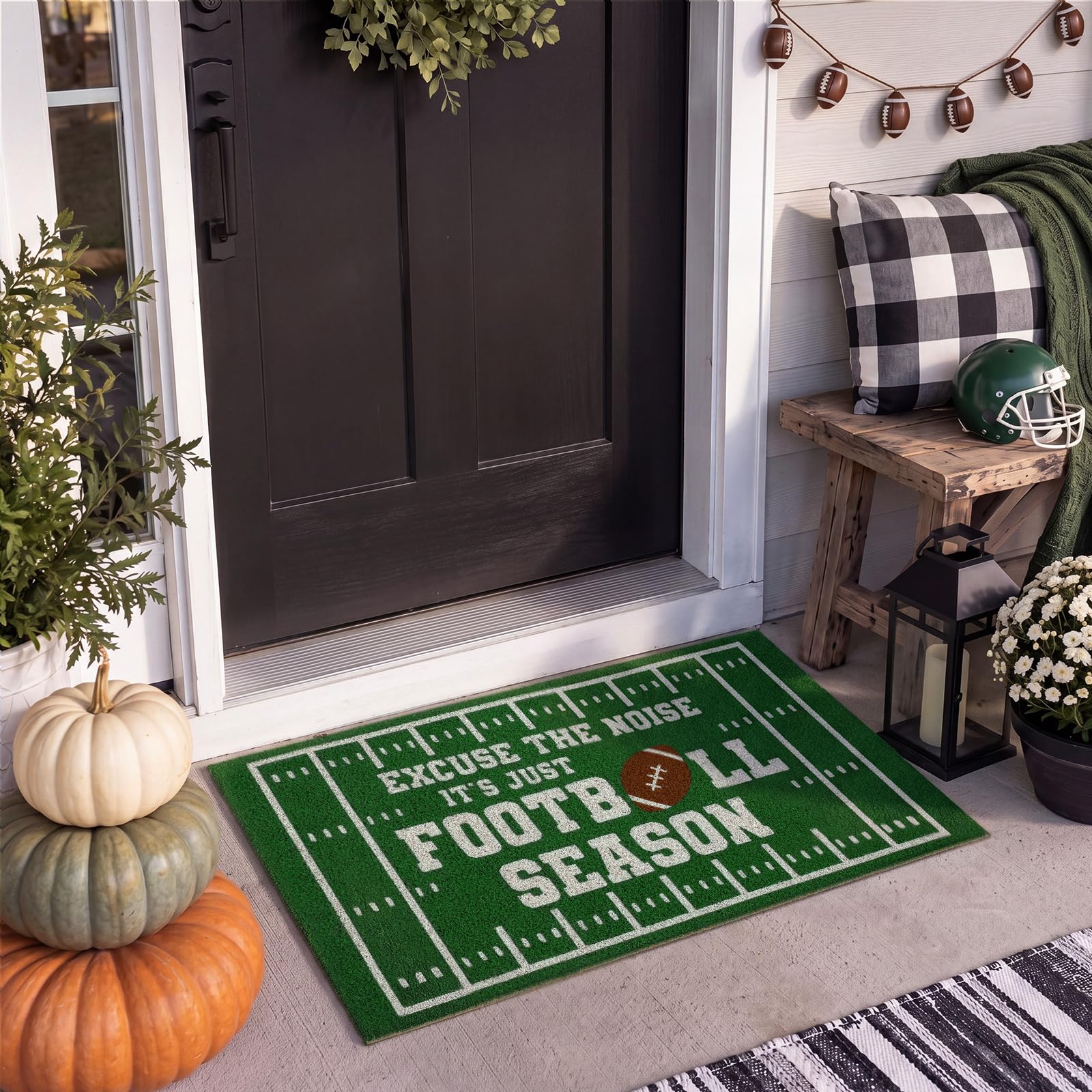 Breling front view of football welcome mat showing playful slogan and field design for curb appeal
