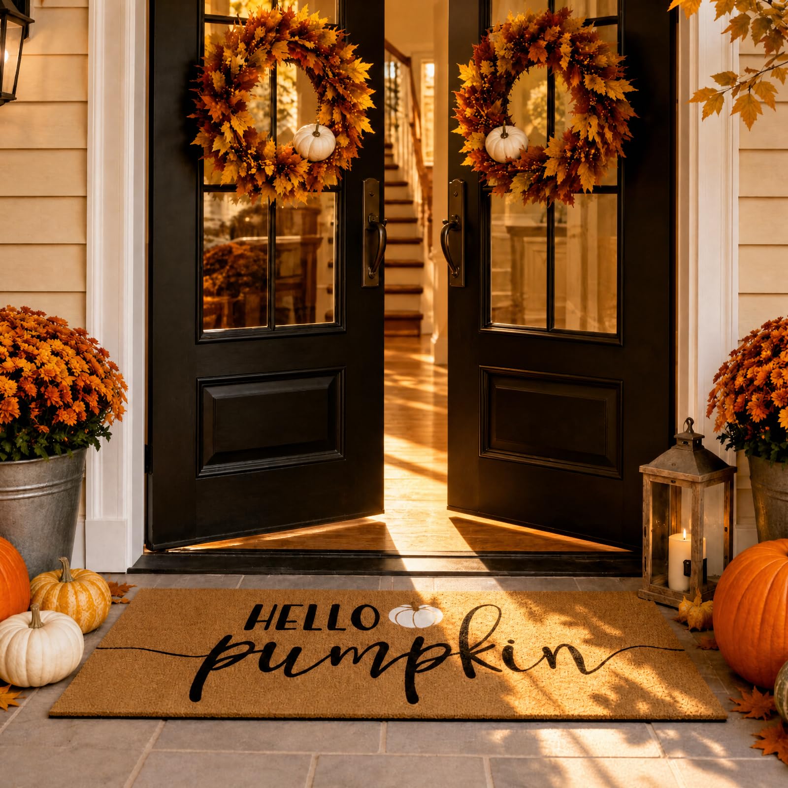 Breling front view of hello pumpkin doormat showing welcome design and seasonal curb appeal