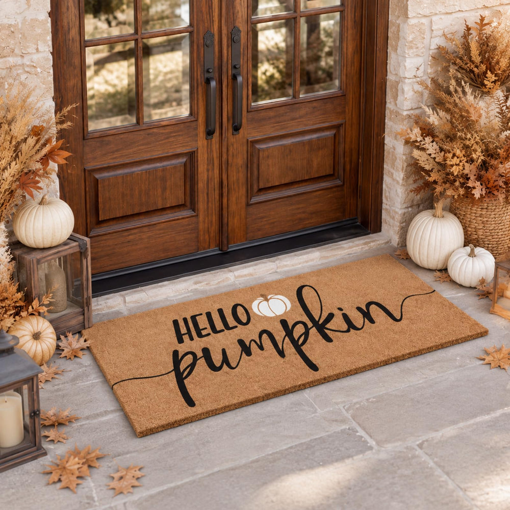 Breling doormat styled on porch with pumpkins and lanterns for cohesive fall decor