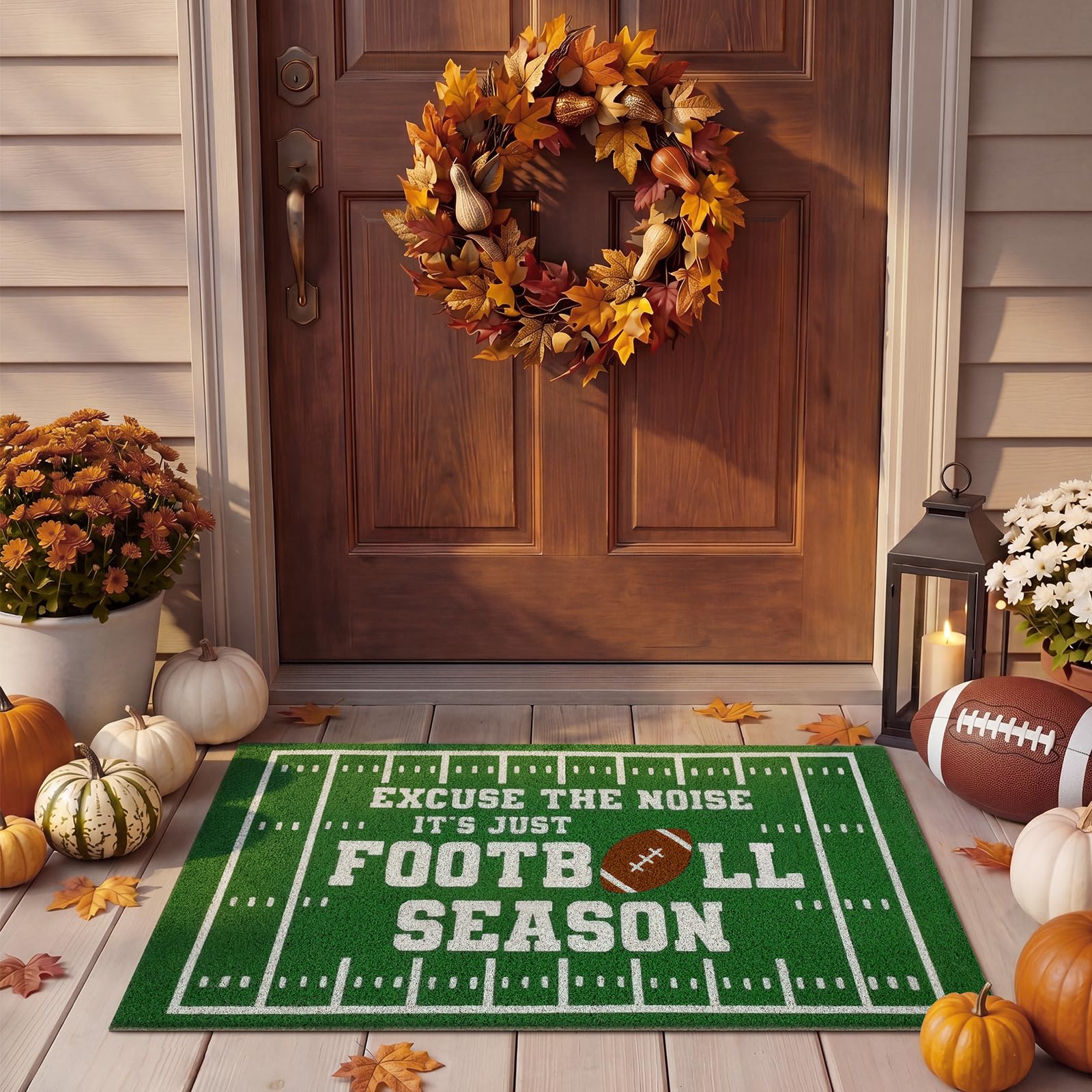 Breling lifestyle shot of mat at a decorated entryway creating a festive game-day welcome