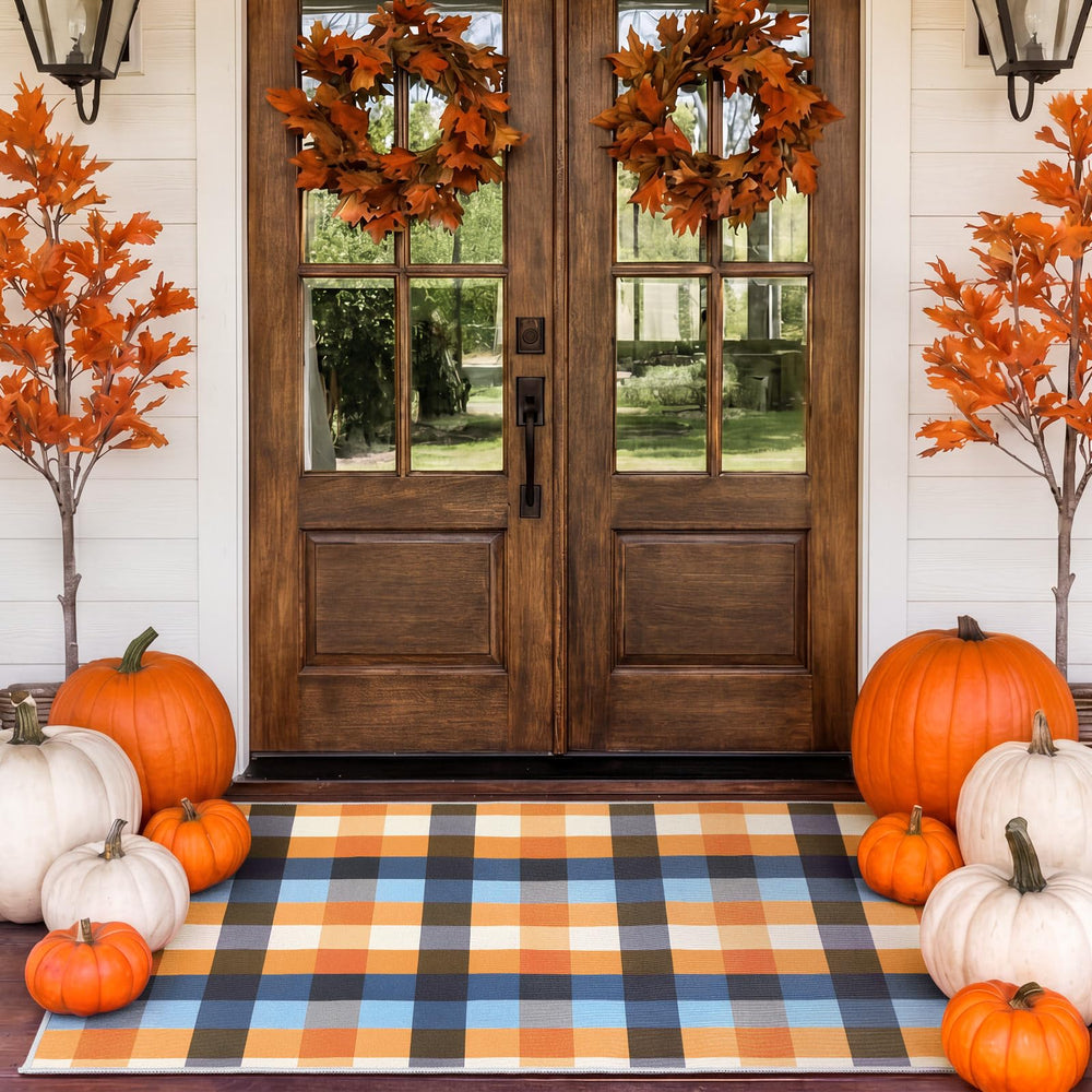 Breling plaid door mat front view showing bright colors and curb appeal