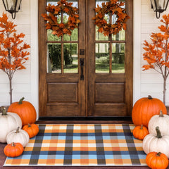 Breling plaid door mat front view showing bright colors and curb appeal