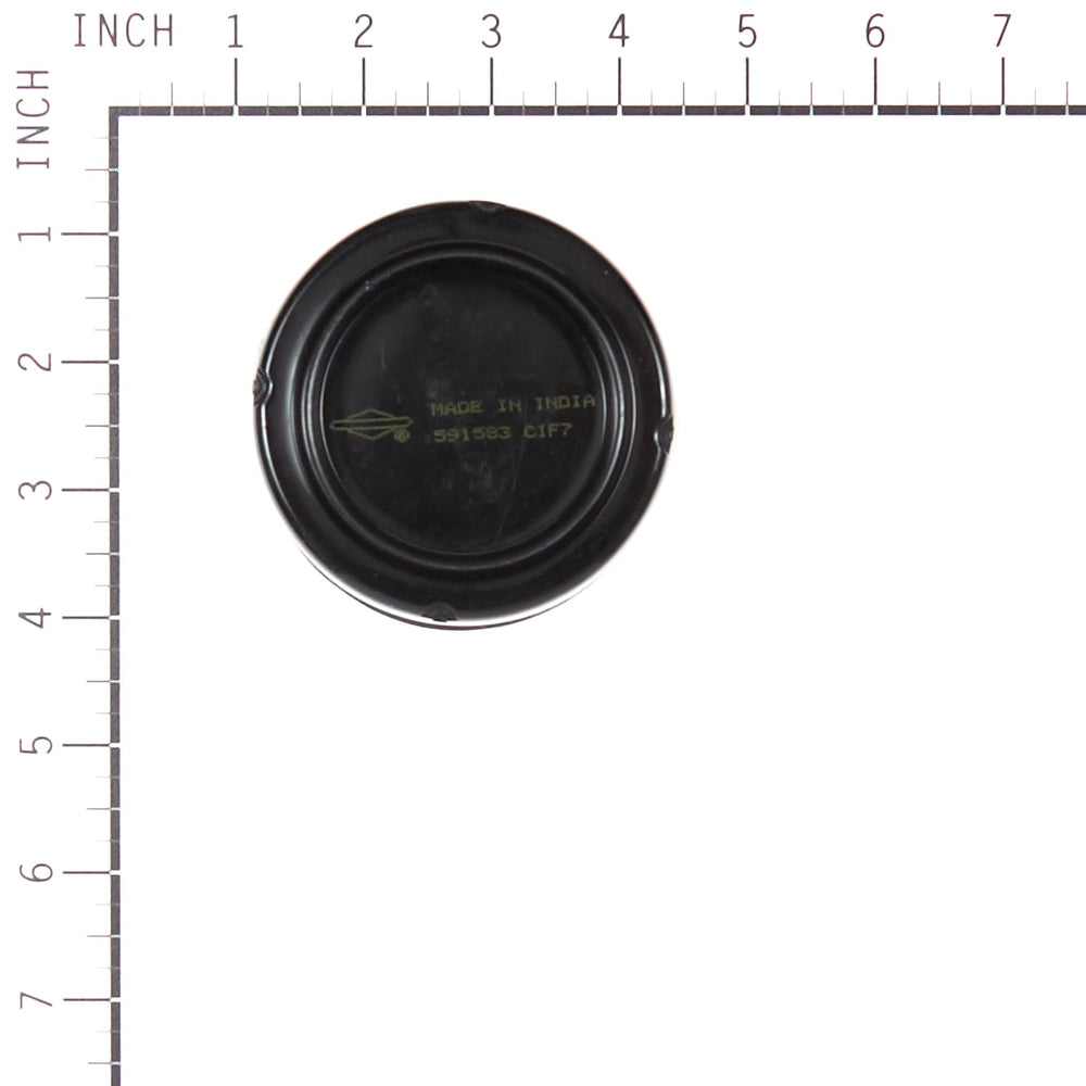 Briggs & Stratton filter beside ruler showing size and fit confirmation benefit