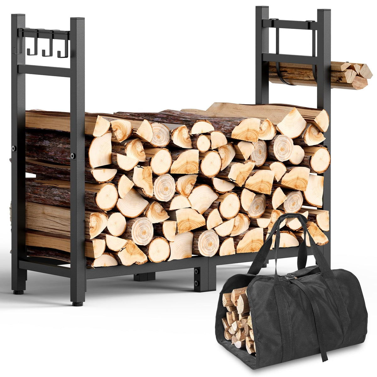 Brightown front view of 34-inch firewood rack showing capacity and finish