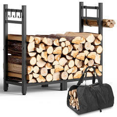 Brightown front view of 34-inch firewood rack showing capacity and finish