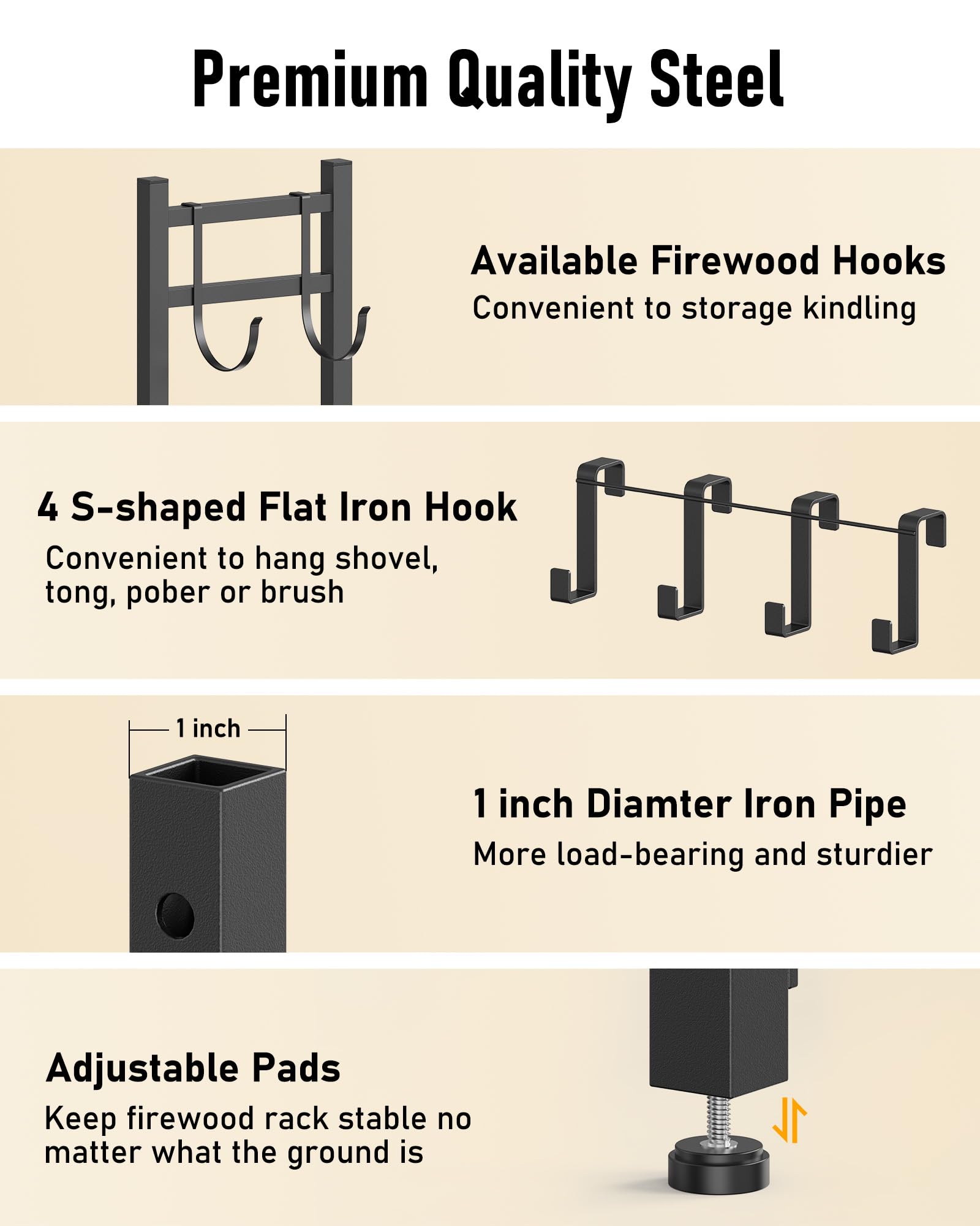 Brightown removable hooks holding kindling and tools for organized storage