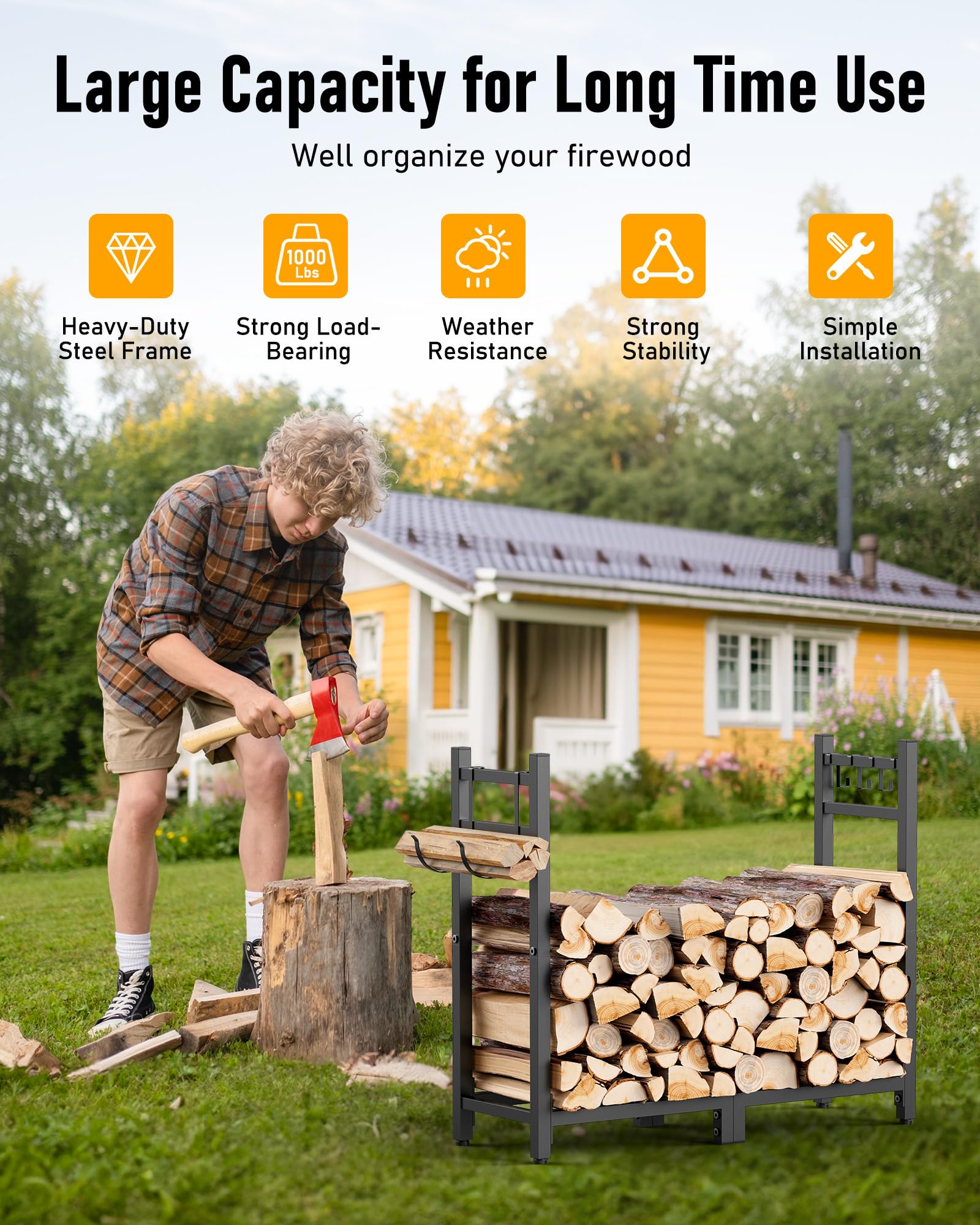 Brightown rack staged by a fireplace showing neat indoor wood storage